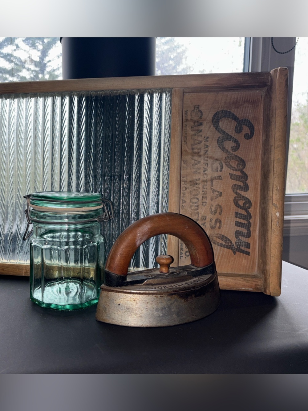 Antique Laundry Decor Vintage Teal Glass Washboard, Turquoise Jar, Cast Sad Iron